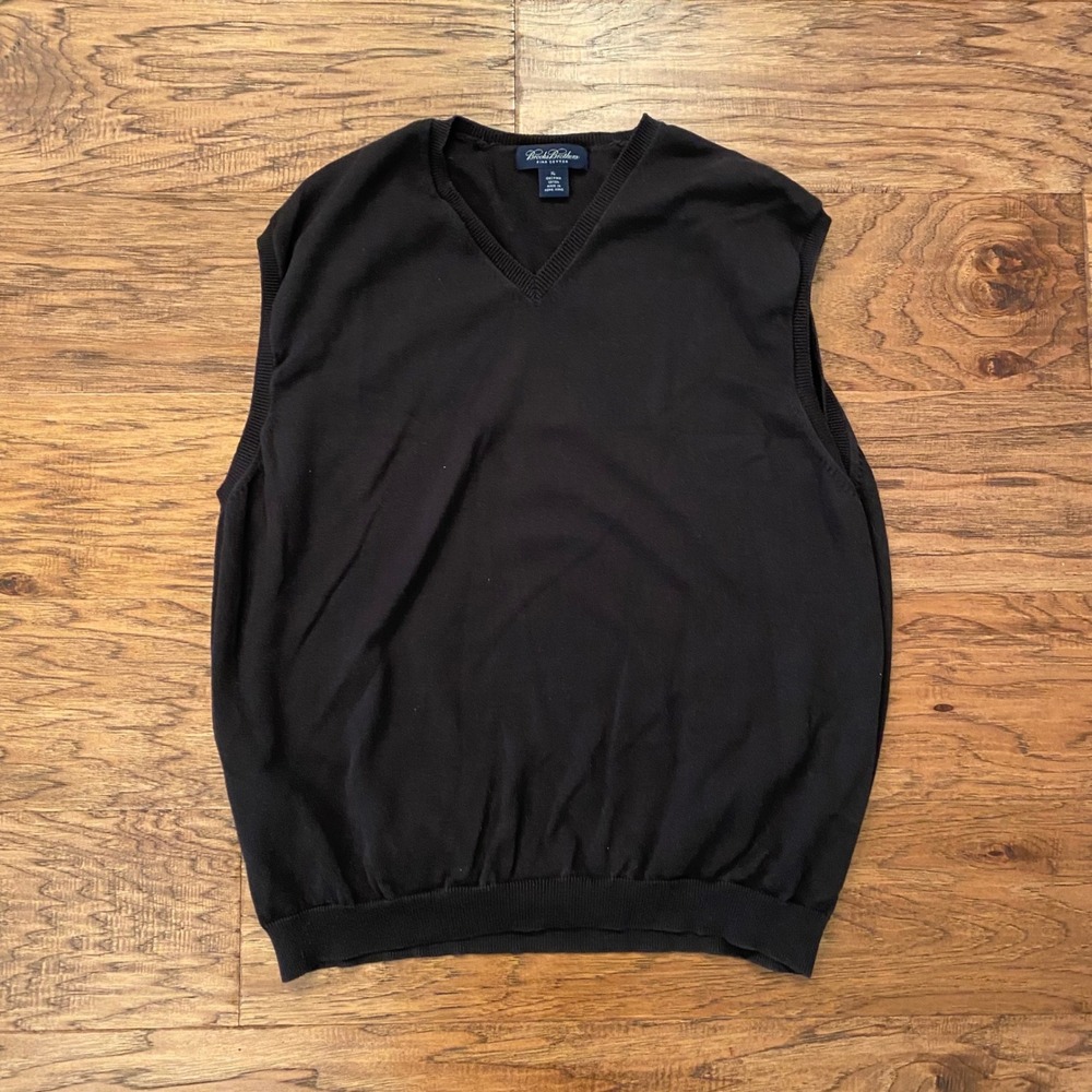 Brooks Brothers Pima Cotton Sweater Vest Mens XL Black V-Neck Knit Layering